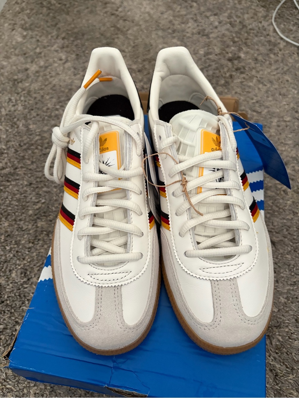 adidas Kids White Sneakers with Black, Red and Yellow Stripes